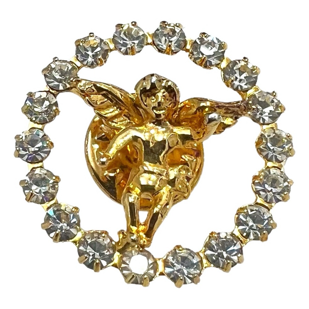 VINTAGE GOLD TONE GUARDIAN ANGEL WITH CLEAR CRYSTAL CIRCLE BROOCH